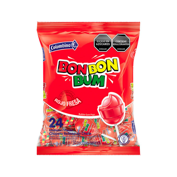 Chupeta BON BON BUM Sabor a  Fresa con chicle 24 unidades 228 gramos